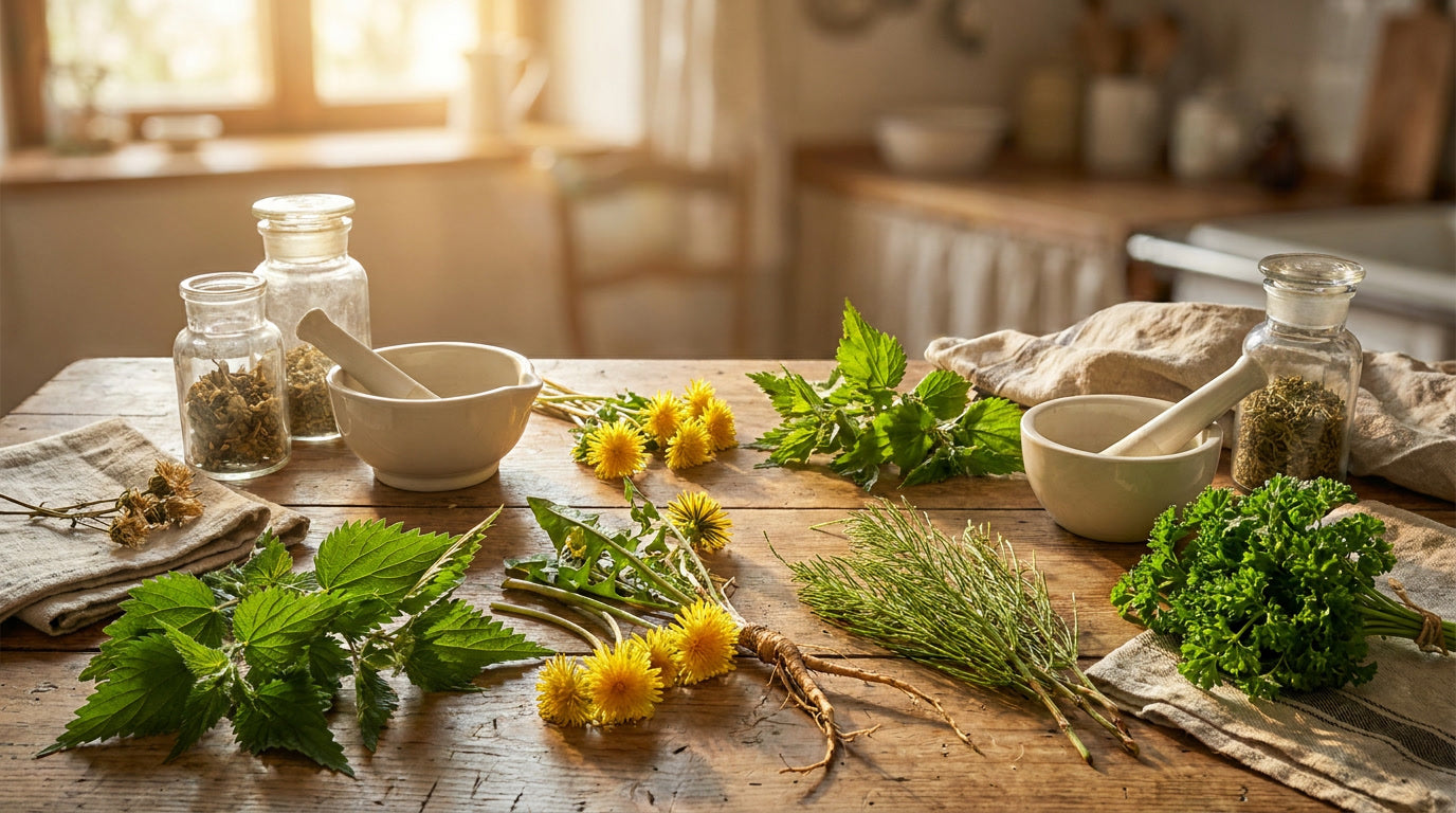 Körper entwässern mit Hildegard-Kräutern: Diese Pflanzen unterstützen die natürliche Wasserausscheidung – KI-generiertes Bild (Nano Banana Pro)